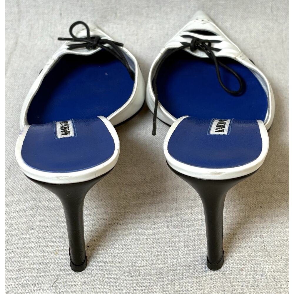 Manolo Blahnik White Leather Lace-Up Pointed Toe Mules Heels Size 36.5 Italy - Picture 2 of 6